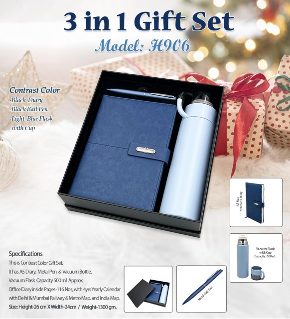 3 in 1 gift set model h906 black dairy, black ball pen and light black flask with cup